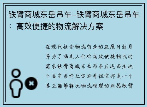 铁臂商城东岳吊车-铁臂商城东岳吊车：高效便捷的物流解决方案